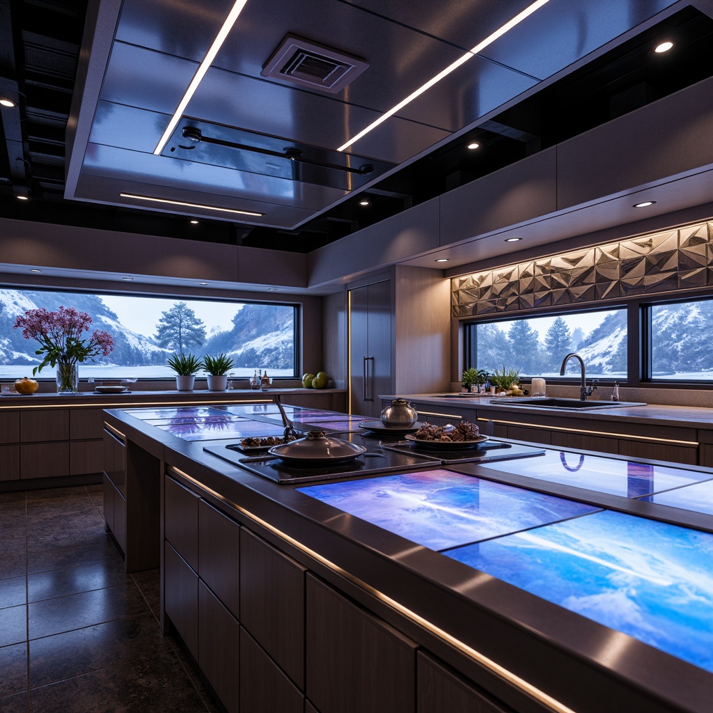 Prompt: Futuristic kitchen, sleek metallic countertops, iridescent glass surfaces, neon-lit cabinets, holographic displays, minimalist island design, robotic cooking arms, automated meal preparation, touchless faucet systems, ambient LED lighting, misting systems, geometric patterned backsplashes, 3D-printed decorative accents, high-gloss finishes, polished chrome edges, soft warm glow, shallow depth of field, 1/2 composition, realistic textures, ambient occlusion.