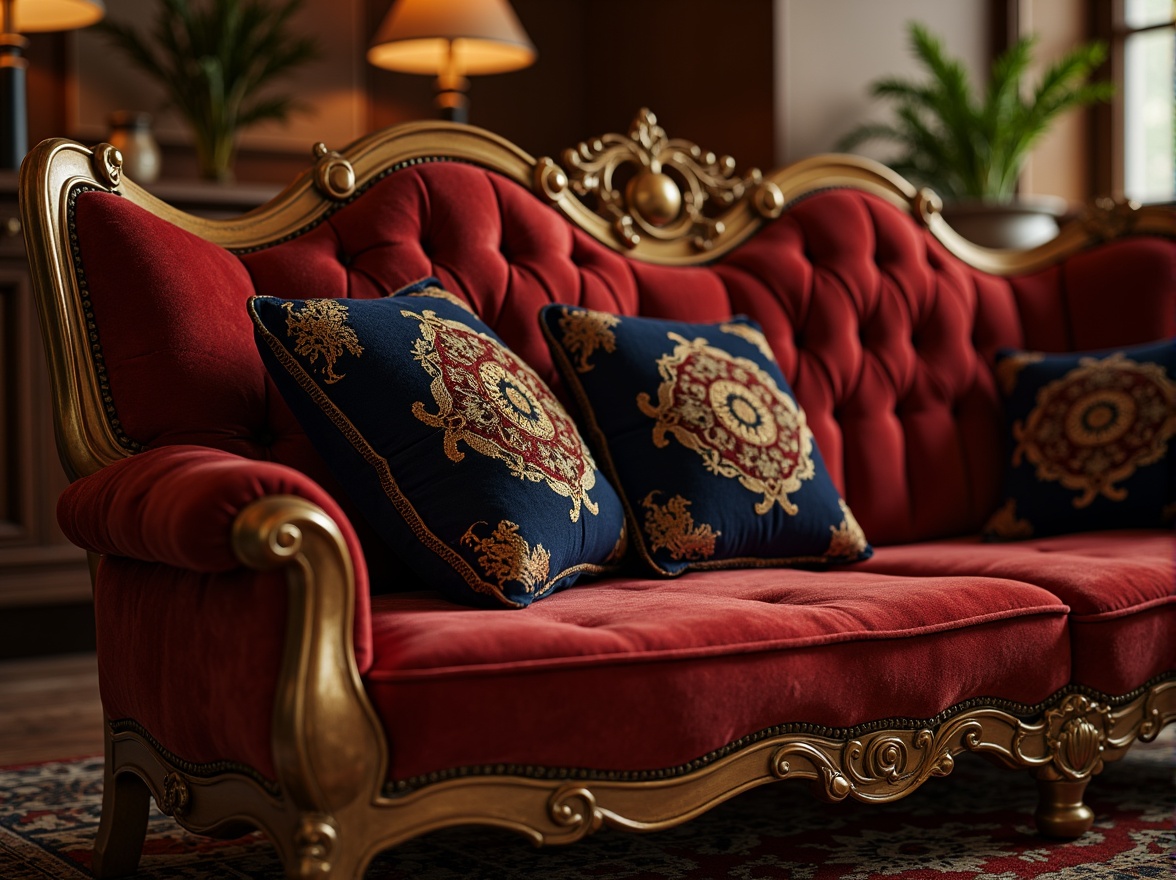 Prompt: Opulent velvet upholstery, intricate gold embroidery, rich burgundy reds, regal navy blues, luxurious silk fabrics, ornate carved wooden frames, gilded accents, lavish tufting, plush cushions, scrolled armrests, studded buttons, soft golden lighting, warm ambient atmosphere, shallow depth of field, 1/2 composition, realistic textures, ambient occlusion.