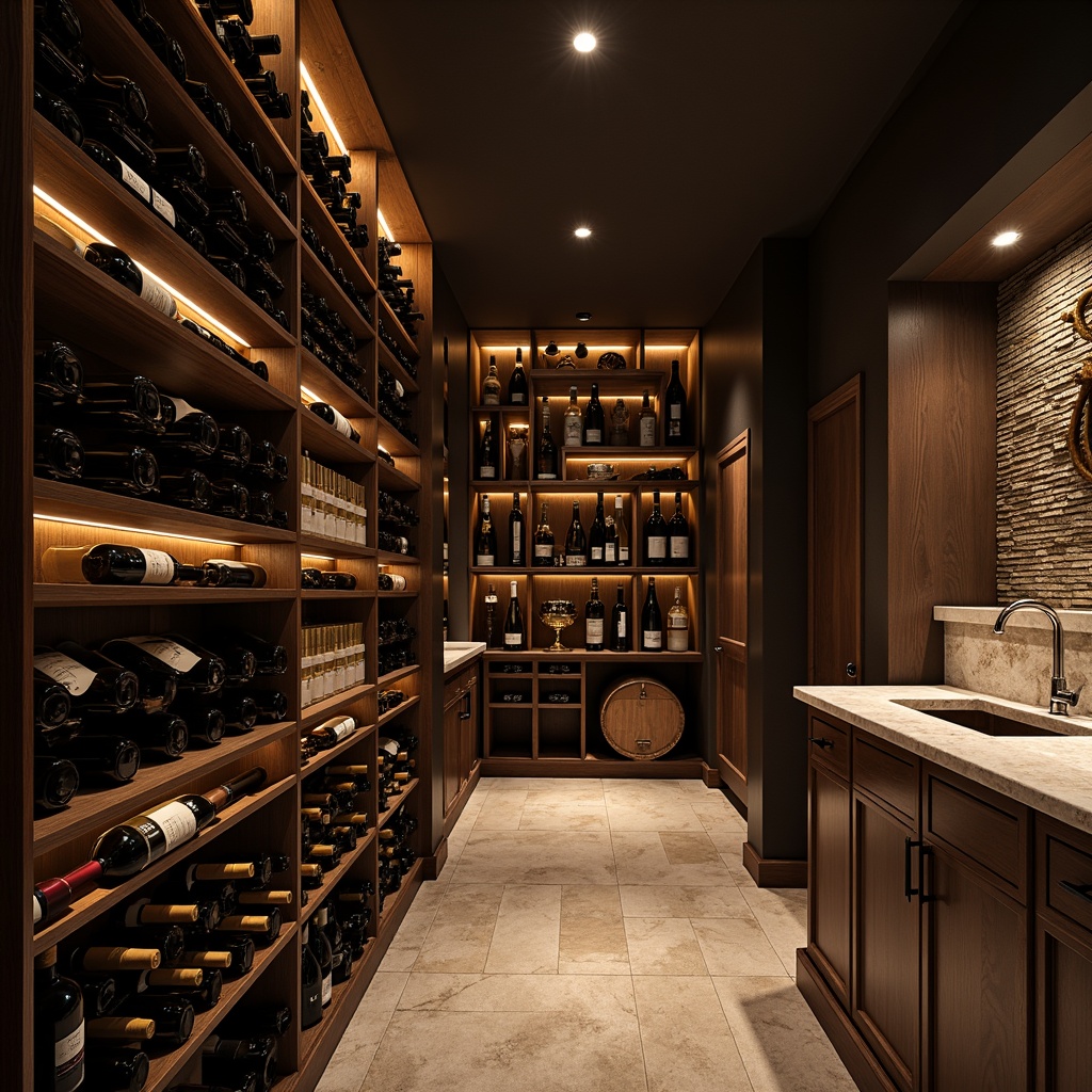 Prompt: Luxurious wine cellar, precise temperature control, humidification systems, dark wood paneling, dimmed lighting, stone walls, climate-controlled environment, 55-58\u00b0F temperature range, 50-60% humidity level, rich aromas, oak barrels, glass enclosures, sophisticated shelving, ambient LED lighting, soft focus, shallow depth of field, 2/3 composition, warm color palette.