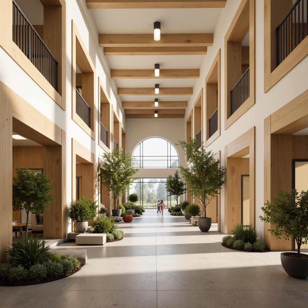 Prompt: Earthy tone community center, natural material fa\u00e7ade, wooden accents, minimalist architecture, neutral color palette, soft beige walls, creamy white columns, warm gray floors, subtle greenery, potted plants, communal seating areas, cozy reading nooks, abundant natural light, softbox lighting, shallow depth of field, 1/1 composition, realistic textures, ambient occlusion.