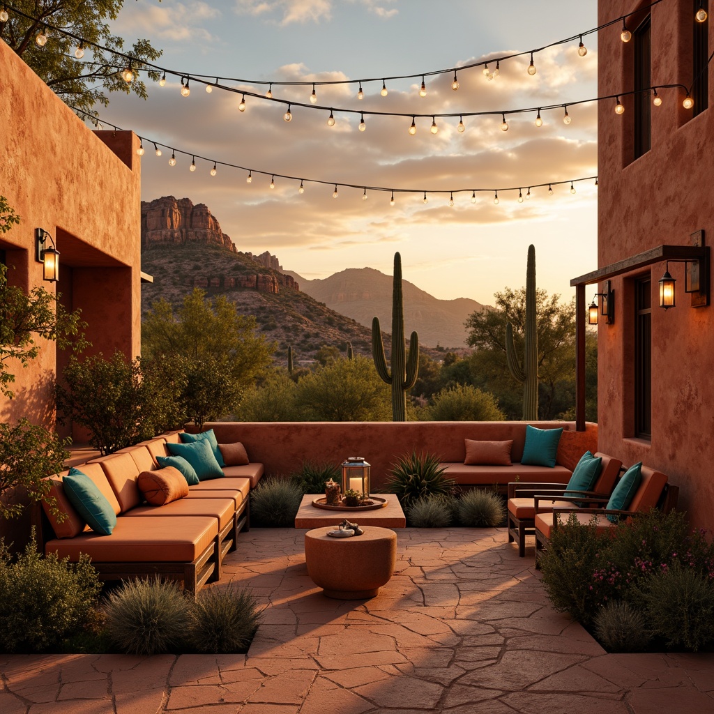 Prompt: Warm sunset hues, rustic terracotta seating, natural stone walls, vibrant turquoise accents, adobe-inspired architecture, sprawling desert landscape, majestic saguaro cacti, twinkling string lights, lantern-style lighting fixtures, warm golden uplighting, soft gradient shadows, 1/2 composition, cinematic perspective, realistic rock textures, ambient occlusion.