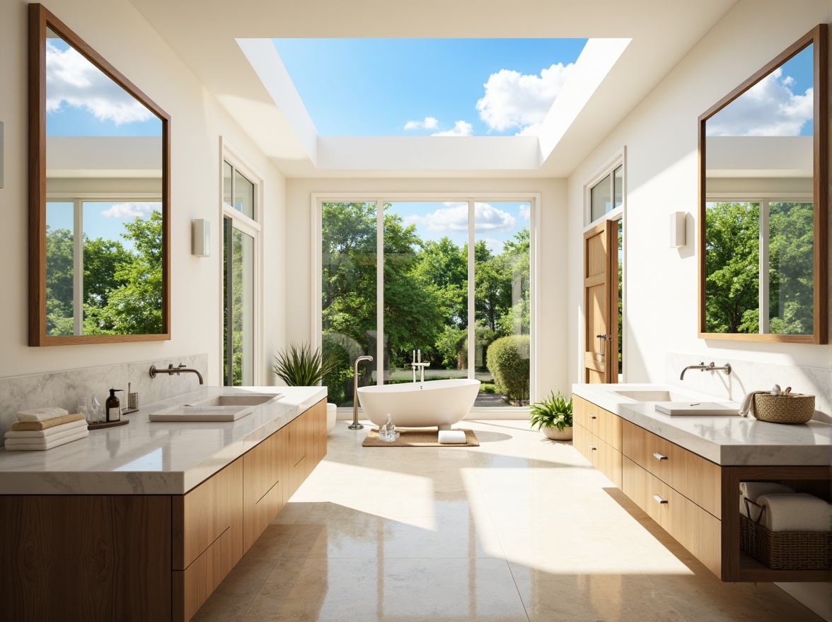 Prompt: Vibrant bathroom, large windows, soft natural light, bright white walls, polished chrome fixtures, marble countertops, gleaming mirrors, spa-inspired ambiance, warm beige flooring, lush greenery, overhead skylight, cloudless blue sky, gentle morning sunlight, subtle shadows, shallow depth of field, 1/1 composition, realistic textures, ambient occlusion.