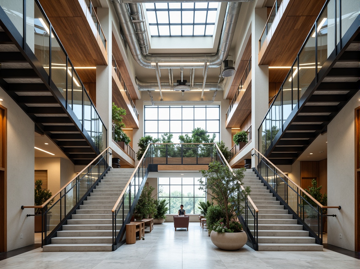 Prompt: Grand atrium, sweeping staircase, open risers, polished metal handrails, glass balustrades, marble flooring, high ceilings, natural light pouring in, urban loft atmosphere, industrial chic decor, exposed ductwork, reclaimed wood accents, modern minimalist aesthetic, airy feel, shallow depth of field, 1/1 composition, warm soft lighting, subtle shadows, realistic textures, ambient occlusion.