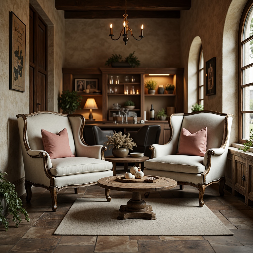 Prompt: Rustic farmhouse, distressed wood accents, soft linen upholstery, vintage metal hardware, ornate carvings, plush velvet pillows, distressed leather armchairs, elegant wooden legs, antique furniture pieces, natural stone flooring, warm beige walls, soft candle lighting, romantic ambiance, 1/1 composition, shallow depth of field, realistic textures, ambient occlusion.