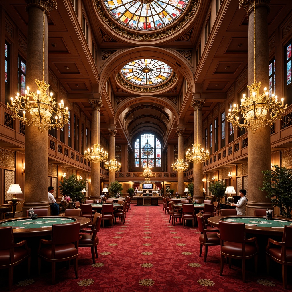 Prompt: Luxurious casino interior, opulent chandeliers, intricate stone carvings, grandiose archways, lavish velvet drapes, ornate gilded mirrors, rich wooden paneling, majestic Gothic columns, imposing vaulted ceilings, dramatic stained glass windows, vibrant red and gold color scheme, warm soft lighting, 1/1 composition, shallow depth of field, realistic textures, ambient occlusion.