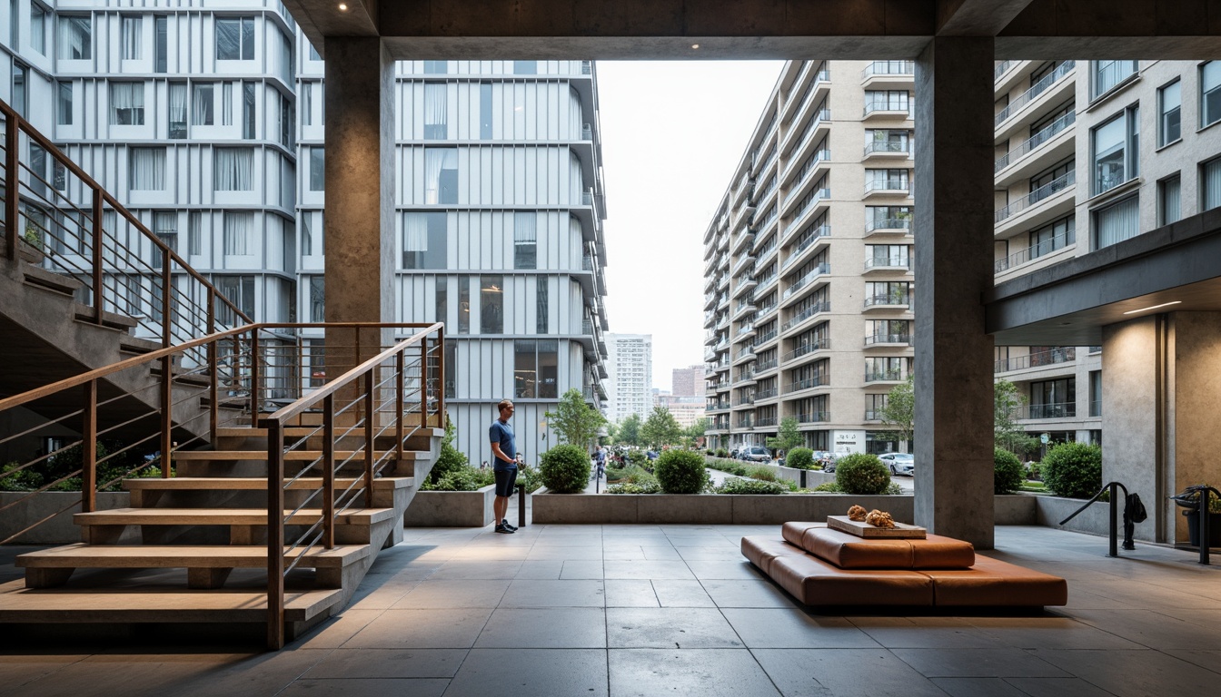 Prompt: Sleek modern buildings, minimalist railings, stainless steel handrails, horizontal wooden balusters, simple geometric patterns, open staircase design, industrial chic aesthetic, urban cityscape, concrete floors, exposed ductwork, floor-to-ceiling windows, natural light pouring in, subtle shadows, low-key color palette, matte finishes, clean lines, 1/2 composition, soft focus effect, atmospheric perspective.