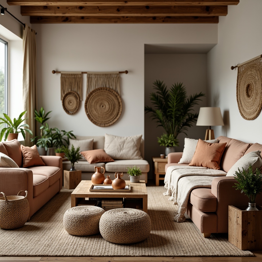 Prompt: Cozy living room, plush velvet sofas, soft woven baskets, chunky knit blankets, faux fur throw pillows, natural jute rugs, distressed wood coffee tables, warm candle lighting, earthy terracotta vases, lush green potted plants, organic linen fabrics, tactile wall hangings, geometric patterned ottomans, comfortable oversized armchairs, soft focus photography, shallow depth of field, 1/1 composition.