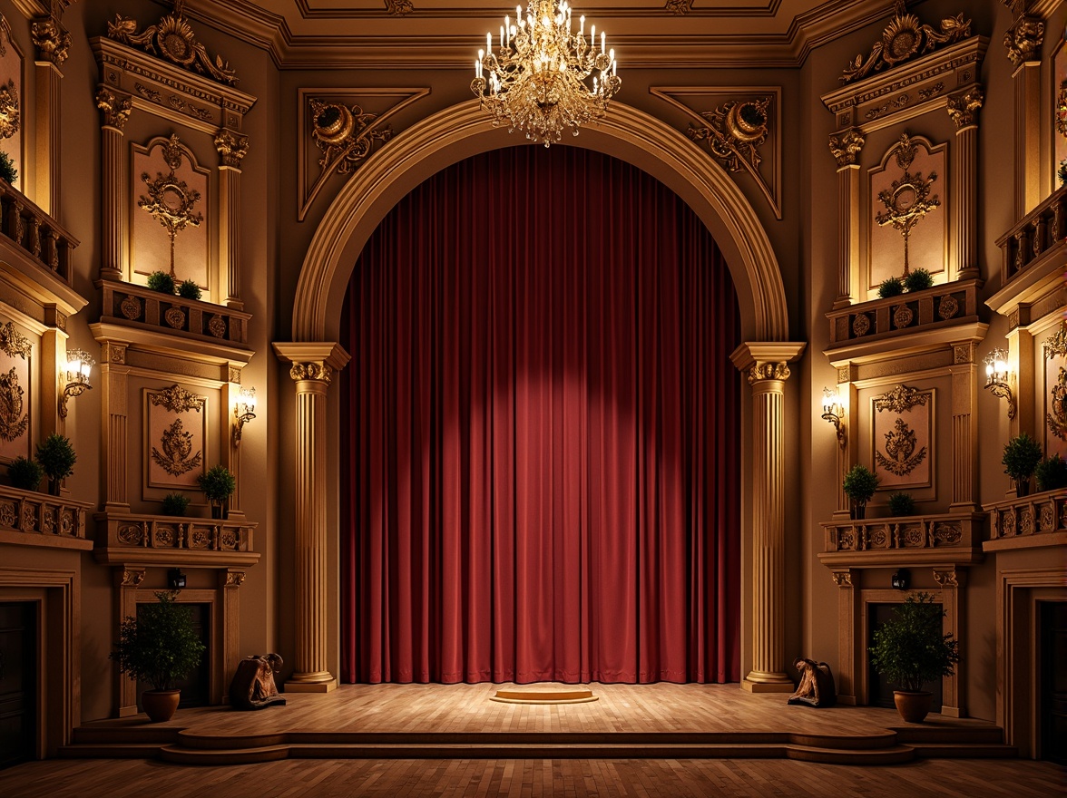 Prompt: Richly ornate traditional performing arts center, velvet curtains, golden chandeliers, wooden flooring, intricate carvings, ornate moldings, luxurious fabrics, acoustic panels with wood grain finishes, sound-absorbing materials, warm earthy tones, soft ambient lighting, intimate setting, 1/2 composition, shallow depth of field, realistic textures, subtle reflections.