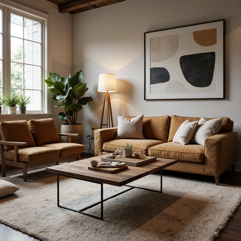 Prompt: Cozy living room, modern minimalist furniture, sleek low-profile sofa, reclaimed wood coffee table, industrial metal legs, comfortable accent chairs, soft velvety upholstery, natural fiber rugs, abstract geometric patterns, warm ambient lighting, 1/1 composition, shallow depth of field, realistic textures, ambient occlusion.