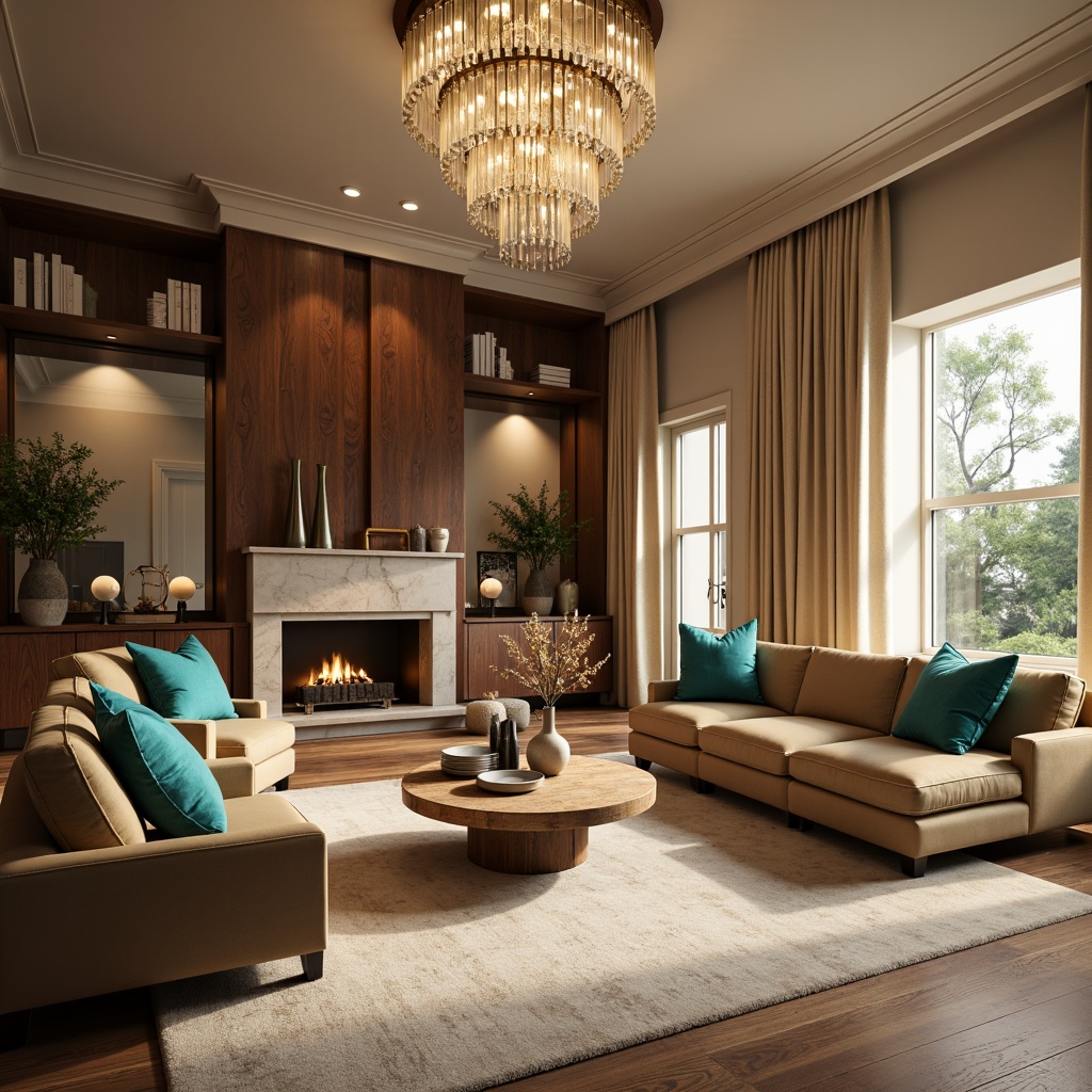 Prompt: Cozy living room, warm beige walls, rich walnut wood accents, plush velvet sofas, vibrant turquoise throw pillows, soft cream-colored rugs, elegant crystal chandeliers, natural stone fireplaces, modern minimalist decor, subtle texture variations, ambient warm lighting, shallow depth of field, 1/1 composition, realistic reflections, atmospheric fog.