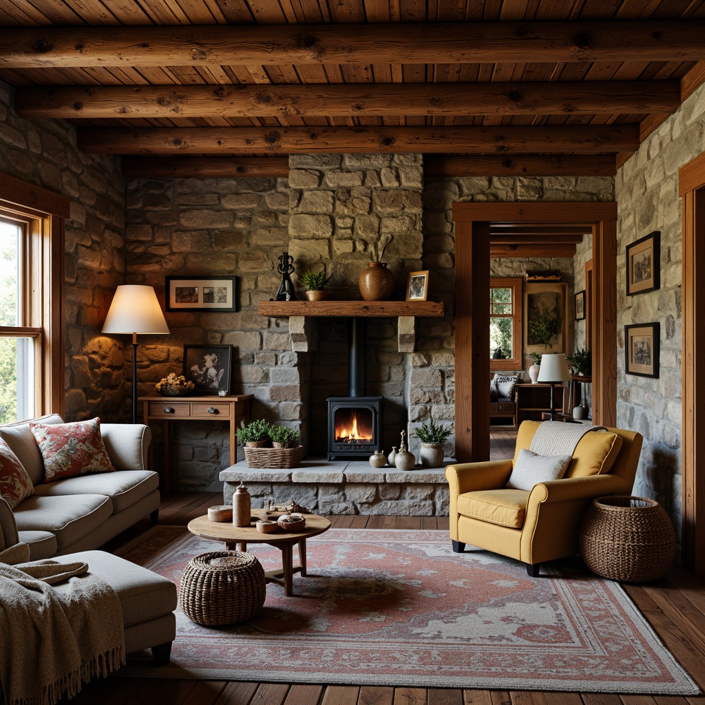 Prompt: Rustic cabin, wooden accents, distressed finishes, vintage decorations, earthy color palette, natural stone walls, reclaimed wood floors, cozy fireplace, plush throw blankets, woven baskets, antique furniture pieces, soft warm lighting, shallow depth of field, 1/2 composition, intimate atmosphere, realistic textures, ambient occlusion.