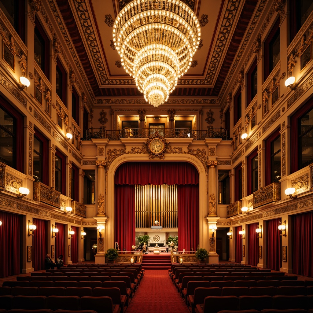 Prompt: \Ornate music hall, grand chandelier, crystal droplets, soft warm glow, golden lighting fixtures, intricate moldings, luxurious velvet drapes, ornamental mirrors, gilded frames, lavish furnishings, Baroque-inspired architecture, opulent decorations, majestic stage, red carpet, dramatic spotlights, warm ambient illumination, shallow depth of field, 2/3 composition, realistic textures, subtle vignette.\