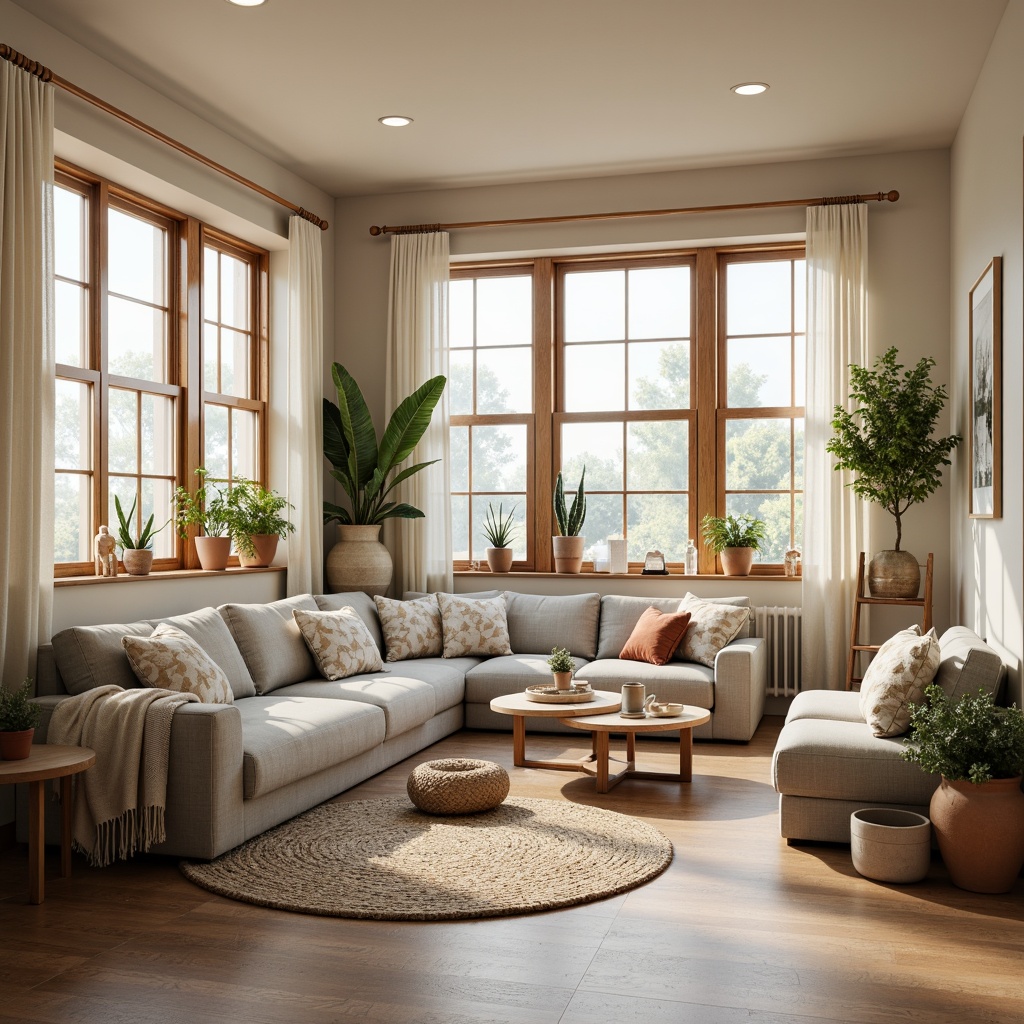 Prompt: Cozy Scandinavian family room, warm beige walls, soft gray furniture, natural wood accents, plush throw blankets, creamy white textiles, earthy terracotta pots, lush green plants, modern minimalist decor, airy large windows, gentle morning light, 1/1 composition, shallow depth of field, realistic wood textures, ambient occlusion.