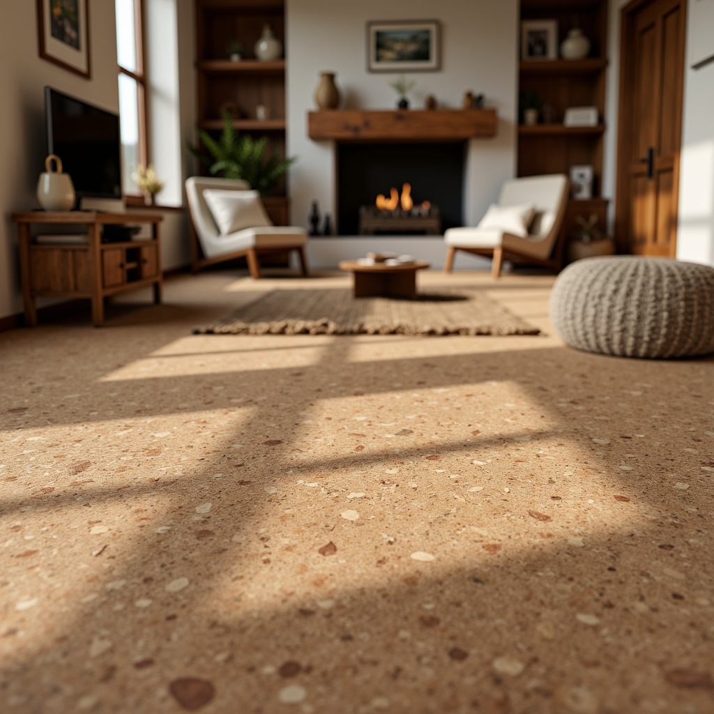 Prompt: Natural cork material, earthy brown color, soft warm texture, organic patterns, sustainable eco-friendly flooring, unique visual interest, subtle grain details, warm ambient lighting, cozy living room, rustic wooden furniture, natural stone walls, plush area rugs, 3/4 composition, shallow depth of field, realistic textures, ambient occlusion.