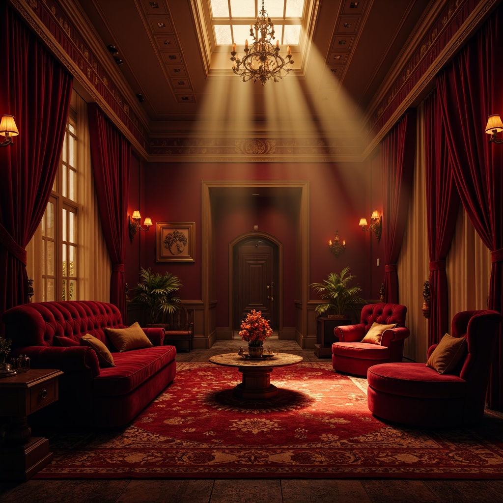 Prompt: Rich maroon tone, bold accents, luxurious velvet textures, regal atmosphere, opulent furnishings, lavish decorations, ornate patterns, intricate details, warm golden lighting, dramatic shadows, high-contrast composition, cinematic mood, atmospheric fog, mysterious ambiance, intense emotional response, evocative artwork, abstract expressionism.