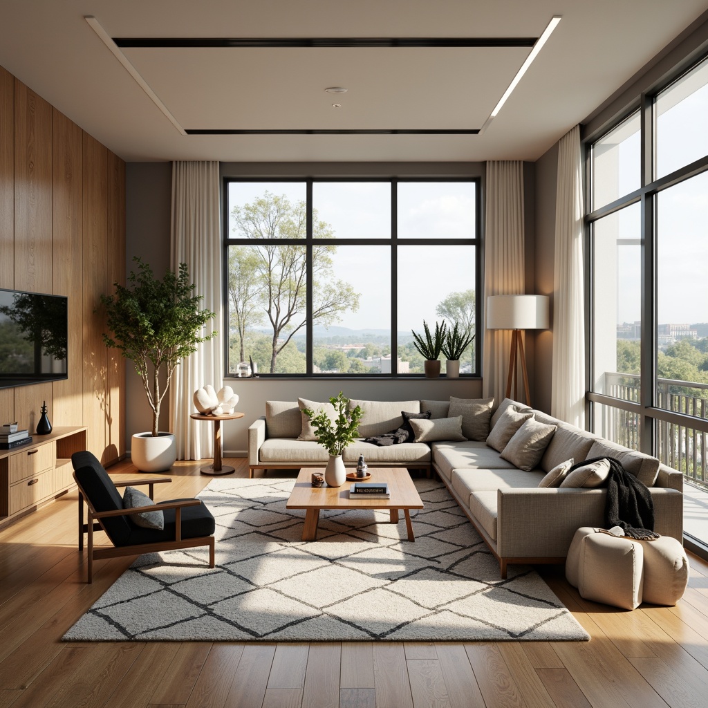 Prompt: Cozy living room, modern minimalist furniture, sleek low-profile sofas, geometric-patterned rugs, Scandinavian-inspired coffee tables, floor-to-ceiling windows, natural oak wood flooring, soft warm lighting, 1/1 composition, shallow depth of field, realistic textures, ambient occlusion, optimized spatial arrangement, functional zones, efficient traffic flow, harmonious color palette, elegant decorative accents.