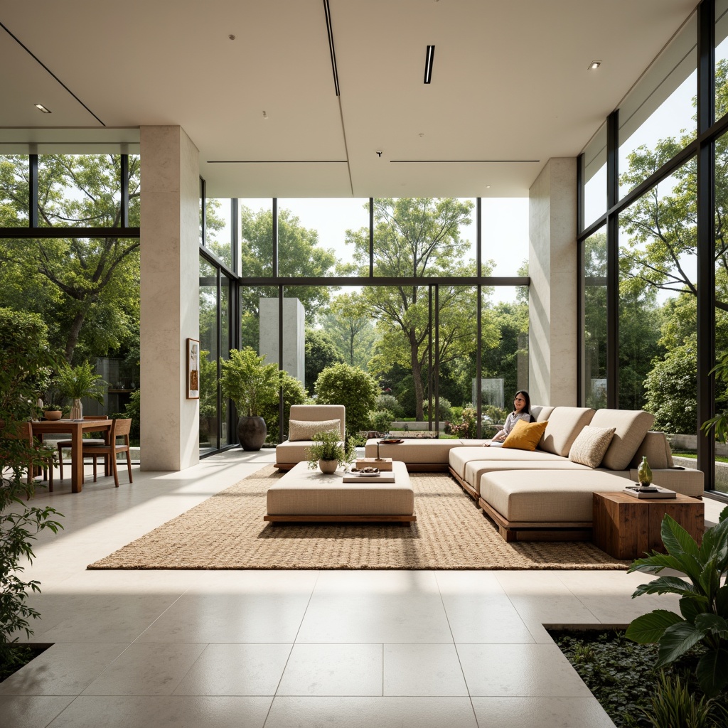 Prompt: Vibrant living room, floor-to-ceiling windows, sliding glass doors, minimal window frames, reflective white walls, polished marble floors, sleek modern furniture, lush greenery, hanging plants, natural textiles, warm beige colors, soft diffused lighting, 1/1 composition, shallow depth of field, panoramic view, realistic textures, ambient occlusion.