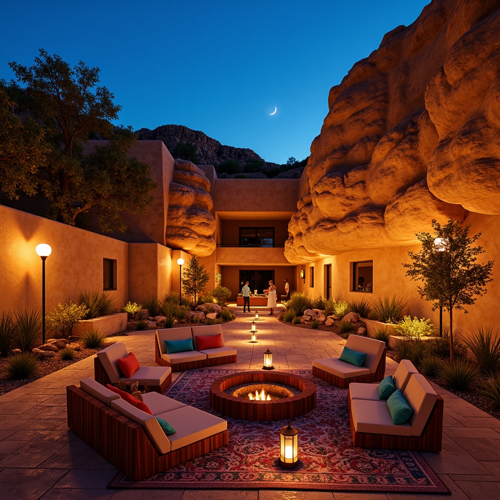 Prompt: Warm sunset glow, rustic terracotta seating, sandy beige stone walls, natural rock formations, tiered landscape architecture, southwestern patterned textiles, vibrant turquoise accents, warm golden lighting, soft ambient illumination, lantern-style stage lights, starry night sky, dramatic shadows, 3/4 composition, low-angle photography, realistic rocky textures, ambient occlusion.Let me know if this meets your requirements!