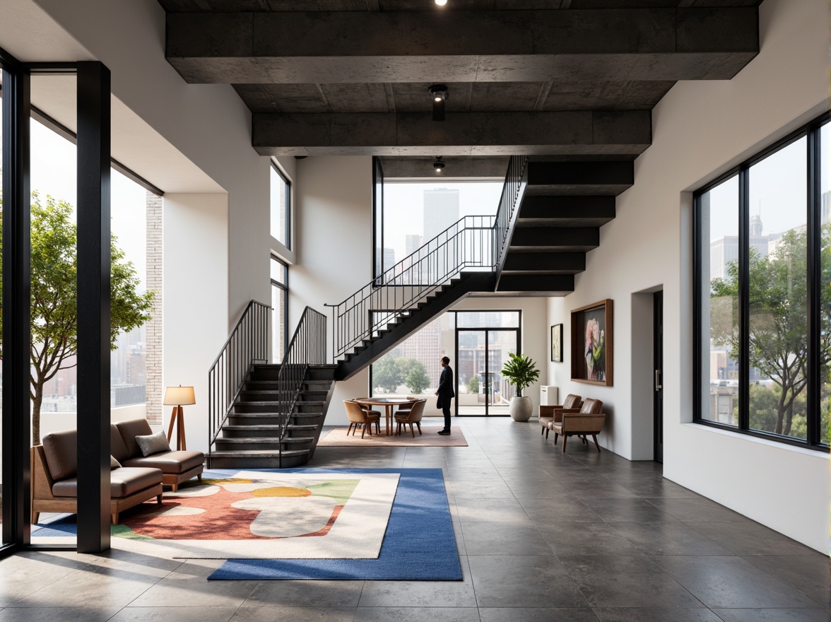 Prompt: Geometric entrance hall, minimalist decor, industrial materials, exposed brick walls, steel beams, concrete floors, modernist architecture, rectangular forms, clean lines, monochromatic color scheme, bold typography, functional lighting, cantilevered stairs, open floor plan, floor-to-ceiling windows, natural light, urban surroundings, cityscape views, abstract artwork, geometric patterns, primary color accents, graphic textiles, architectural photography, high-contrast lighting, dramatic shadows, 1-point perspective composition.