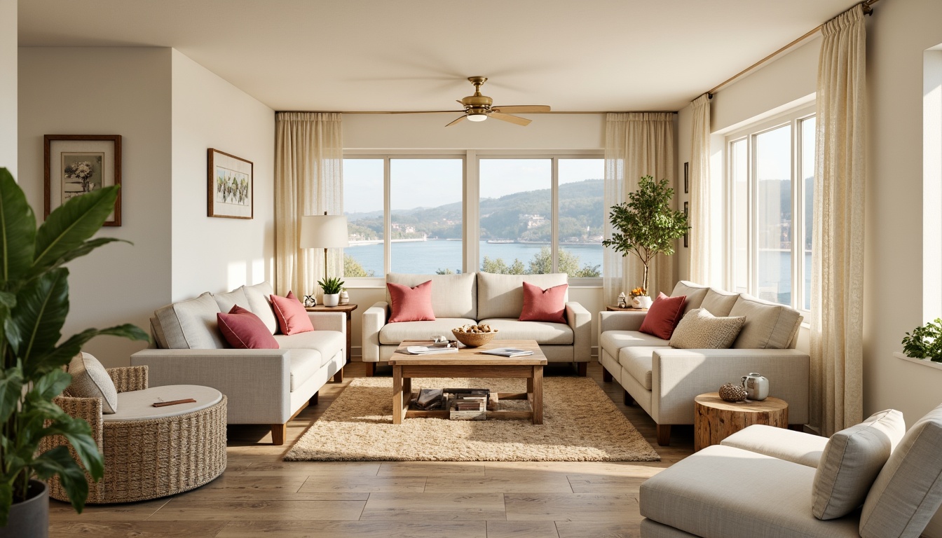 Prompt: Calming coastal living room, soft sandy beige walls, driftwood gray furniture, seafoam green accents, coral pink decorative pillows, natural woven textiles, jute rugs, distressed wood flooring, ocean-inspired artwork, shell-shaped decorations, subtle nautical patterns, warm golden lighting, shallow depth of field, 1/1 composition, relaxed atmosphere, realistic textures, ambient occlusion.