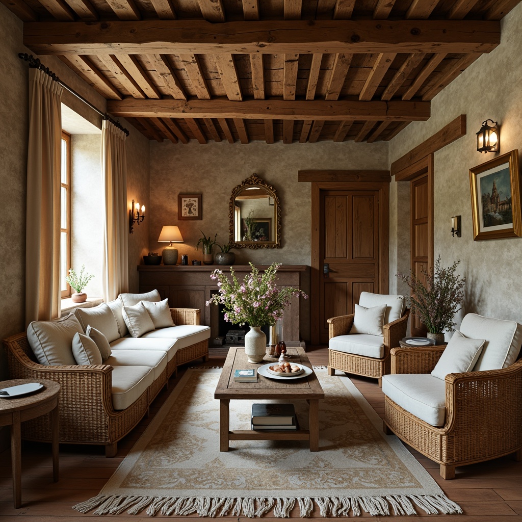 Prompt: Rustic French country villa, distressed wood furniture, vintage florals, soft candlelight, woven natural fibers, linen upholstery, velvet drapes, lace trimmings, toile de Jouy fabrics, classic striped patterns, earthy terracotta tones, aged stone walls, wooden beams, cozy reading nooks, warm beige colors, natural textures, soft focus, 1/1 composition, intimate atmosphere.