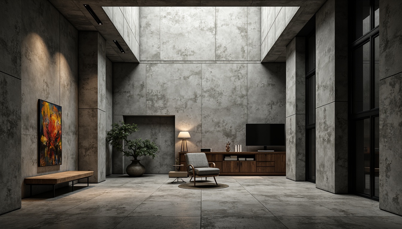 Prompt: Exposed concrete walls, raw unfinished textures, industrial chic aesthetic, geometric patterned panels, rugged stone accents, distressed wood planks, metallic grid systems, minimalist color palette, monochromatic tones, dramatic shadow effects, harsh overhead lighting, cinematic composition, atmospheric perspective, abstract expressionist art pieces, moody atmospheric soundscapes.