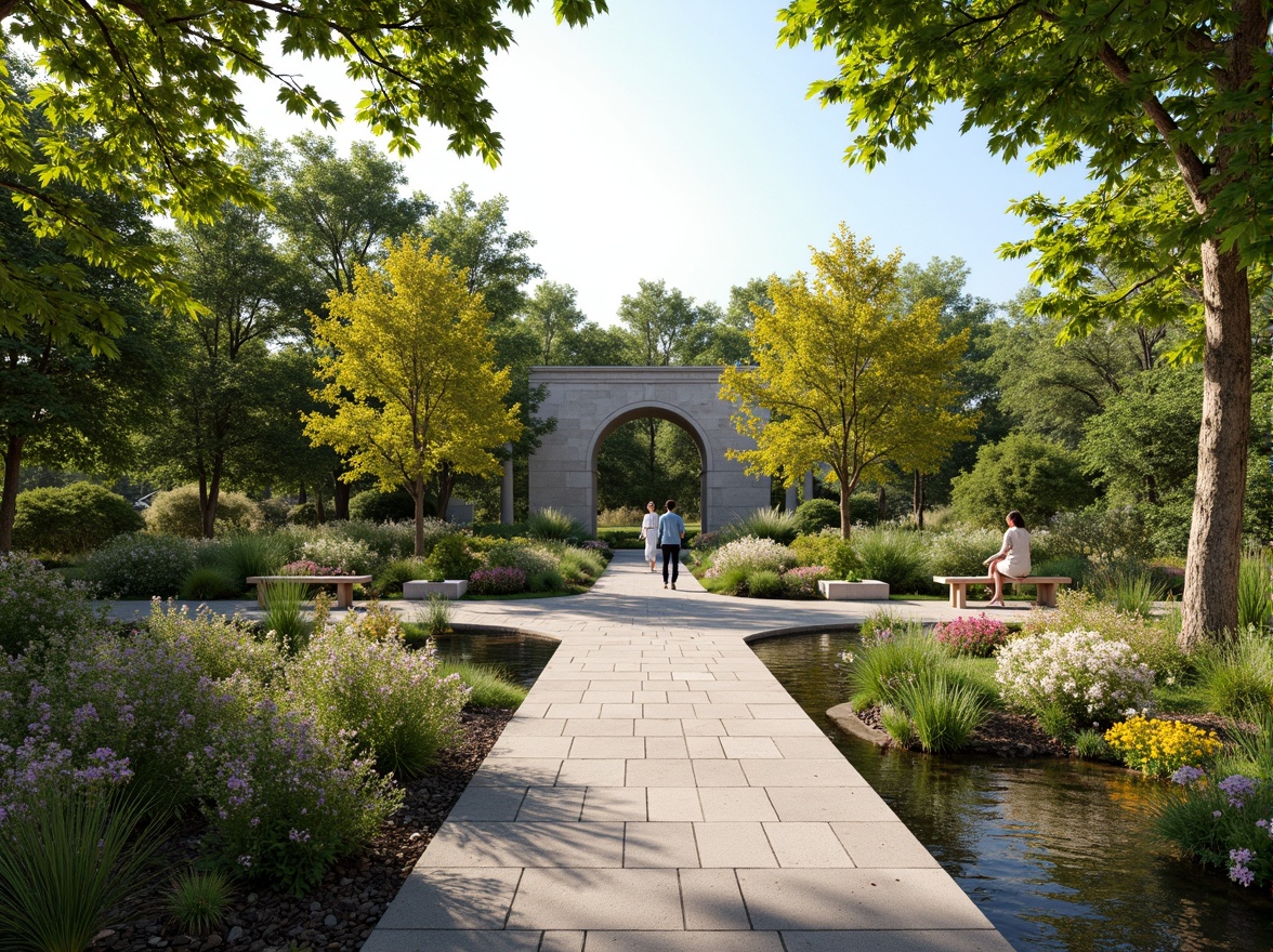 Prompt: Vibrant botanical garden, lush greenery, blooming flowers, serene water features, natural stone pathways, wooden benches, warm sunny day, soft diffused lighting, pastel color scheme, soothing earth tones, muted saturation, elegant typography, subtle texture overlays, 1/1 composition, realistic renderings, ambient occlusion.