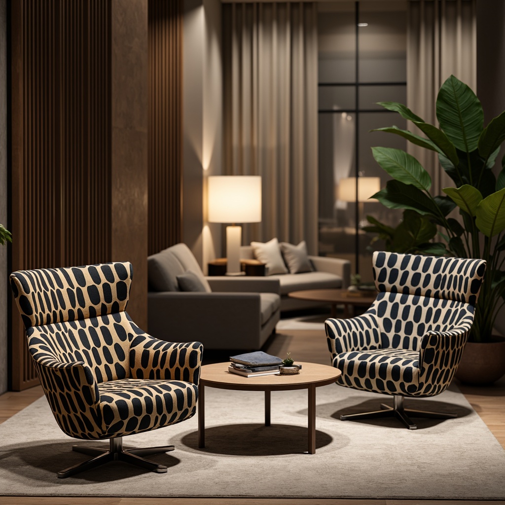 Prompt: Sleek modern armchairs, velvet upholstery, bold graphic patterns, tufted details, low-back sofas, chrome legs, minimalist coffee tables, curved lines, Art Deco influences, luxurious fabrics, neutral color palette, ambient lighting, soft focus, shallow depth of field, 2/3 composition, realistic textures, subtle reflections.