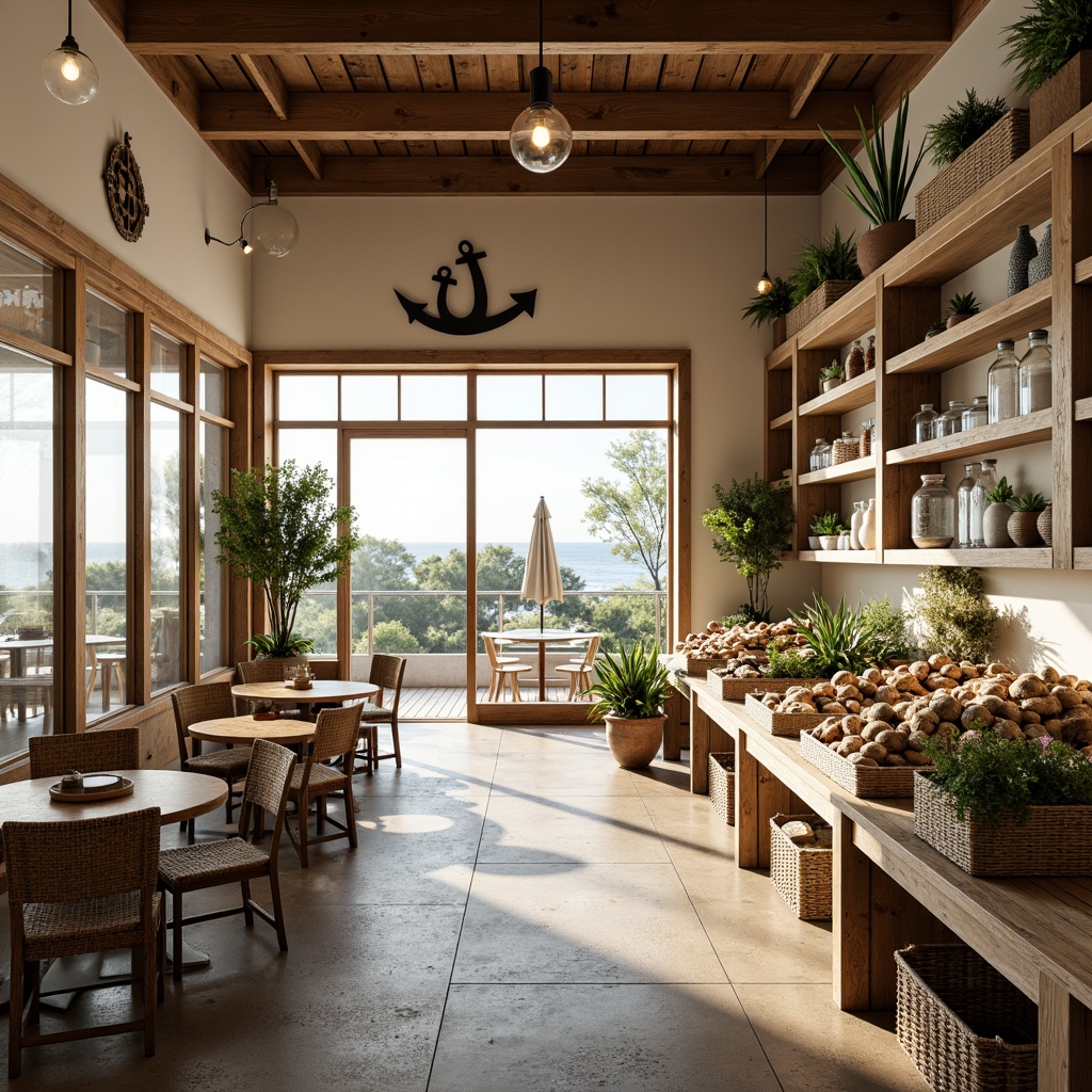 Prompt: Coastal-style grocery store, rustic wooden accents, nautical-themed decorations, abundant natural light, large windows, sliding glass doors, ocean-inspired color palette, weathered wood shelves, woven rattan baskets, potted plants, reclaimed wood flooring, distressed metal fixtures, warm beige tones, soft creamy lighting, shallow depth of field, 1/1 composition, realistic textures, ambient occlusion.