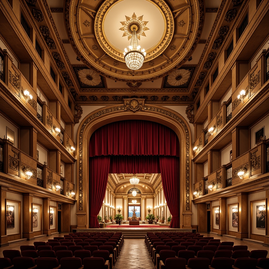 Prompt: Richly ornamented grand auditorium, intricately carved wooden balconies, luxurious red velvet curtains, golden chandeliers, ornate plaster moldings, majestic stone columns, regal box seats, intricate fresco ceilings, soft warm lighting, shallow depth of field, 1/1 composition, realistic textures, ambient occlusion, classic European-style architecture, elegant entrance foyer, sweeping staircases, polished marble floors, lavish decorative accents, vintage-inspired posters, ornate metal railings.