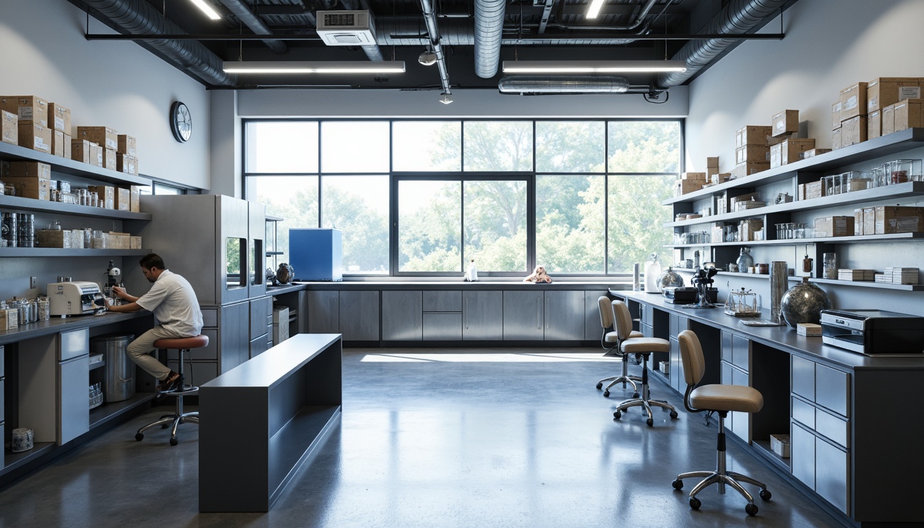 Prompt: Modern laboratory interior, sleek metal workbenches, ergonomic stools, high-intensity lighting, fume hoods, microscopes, petri dishes, pipettes, centrifuges, refrigerator units, shelving systems, modular storage, epoxy resin countertops, polished concrete floors, minimalist decor, neutral color schemes, ample natural light, 1/1 composition, softbox lighting, realistic reflections.