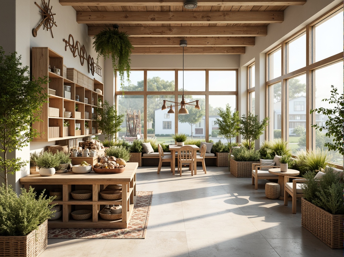 Prompt: Coastal style grocery store, large windows, natural light pouring in, white wooden accents, distressed finishes, nautical ropes, woven baskets, vintage sailing instruments, driftwood decorations, soft beige walls, polished concrete floors, ocean-inspired color palette, calming atmosphere, abundant greenery, living walls, potted plants, rustic wooden shelves, woven sea grass baskets, coral-patterned tiles, subtle wave motifs, warm sunny day, shallow depth of field, 1/2 composition, realistic textures, ambient occlusion.