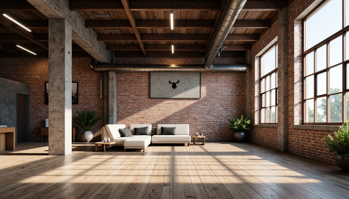 Prompt: Exposed brick walls, metal beams, reclaimed wood floors, industrial-style lighting fixtures, urban loft atmosphere, converted warehouse spaces, raw concrete textures, distressed finishes, mechanical pipes, minimalist decor, functional simplicity, modern rustic charm, neutral color palette, natural light pouring in, shallow depth of field, 3/4 composition, realistic renderings, ambient occlusion.