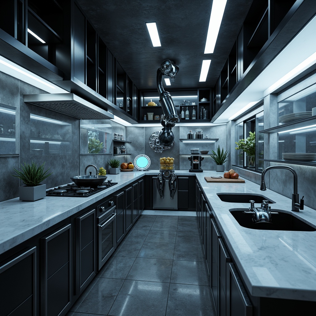 Prompt: Futuristic kitchen space, high-gloss cabinets, metallic silver hardware, LED lighting strips, sleek countertops, minimalist appliances, transparent glass shelves, robotic arms, automated cooking systems, sensor-activated faucets, voice-controlled interfaces, matte black sink basins, geometric patterned backsplashes, neon-lit ambient lighting, shallow depth of field, 1/1 composition, realistic metallic textures, ambient occlusion.