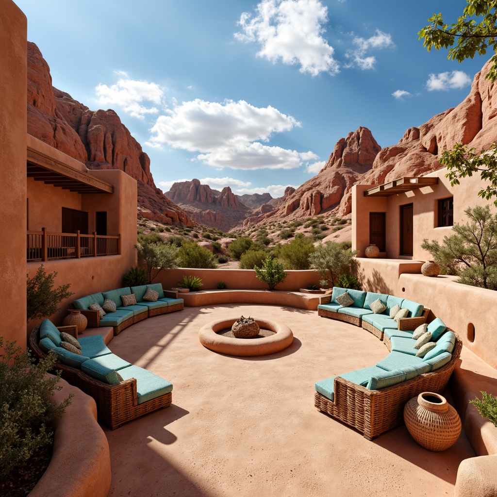 Prompt: Adobe red rock formations, desert landscape, sandy dunes, cactus plants, hot sunny day, clear blue sky, vast open space, southwestern style amphitheater, curved seating areas, natural stone walls, earthy tones, rustic wooden accents, vibrant turquoise accents, geometric patterned textiles, woven wicker furniture, rattan lanterns, adobe-inspired architecture, organic shapes, rough-hewn stonework, wooden beams, earthen floors, ambient warm lighting, shallow depth of field, 3/4 composition, panoramic view, realistic textures.