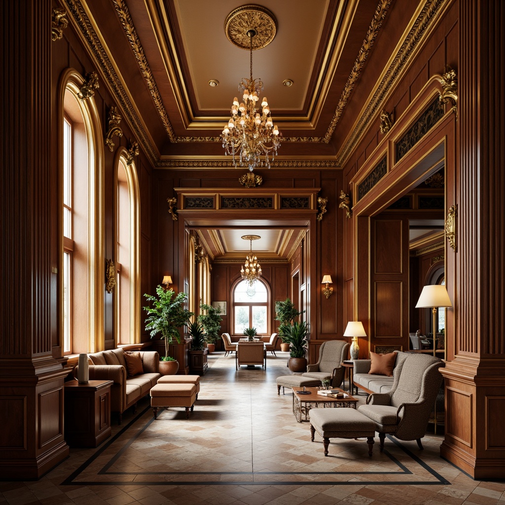 Prompt: Elegant bank interior, ornate crown molding, rich wood tones, fluted columns, intricate carvings, neoclassical details, high ceilings, grand chandeliers, luxurious fabrics, subtle patterns, refined gold accents, sophisticated color palette, warm ambient lighting, shallow depth of field, 1/2 composition, realistic textures, ambient occlusion.