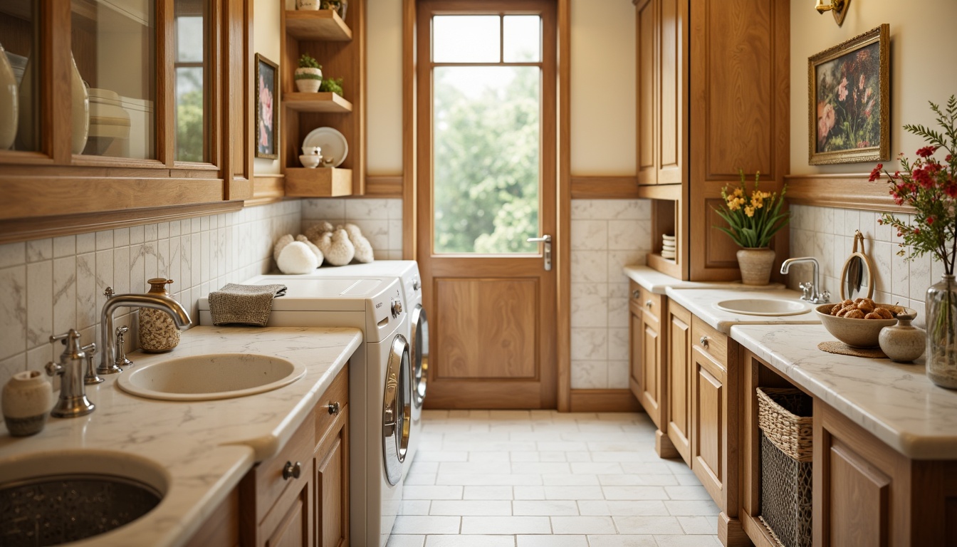 Prompt: Elegant laundry room, traditional decor, ornate sink basins, polished chrome faucets, white ceramic tiles, soft warm lighting, warm beige walls, wooden cabinetry, antique brass hardware, decorative moldings, floral patterns, soft pastel colors, shallow depth of field, 1/1 composition, realistic textures, ambient occlusion.