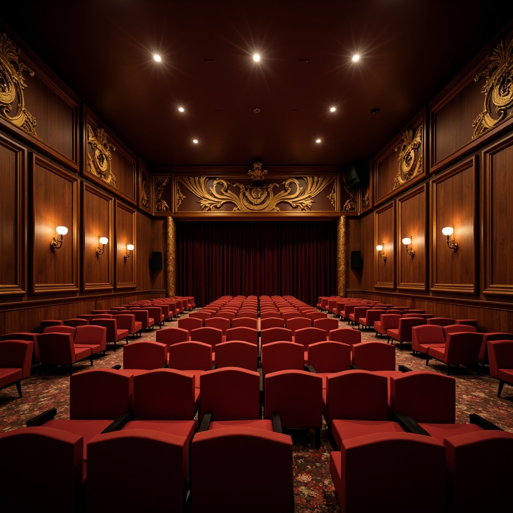 Prompt: Luxurious theater interior, premium acoustic panels, sound-absorbing materials, rich wood tones, plush velvet seats, ornate golden details, dramatic spotlights, soft warm ambiance, intimate setting, 3/4 composition, shallow depth of field, realistic textures, ambient occlusion, optimal sound quality, crystal-clear audio, immersive cinematic experience.