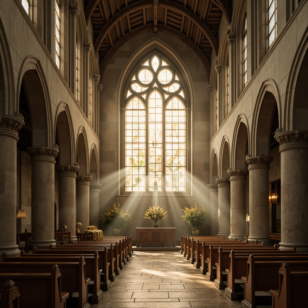 Prompt: Ethereal church interior, soft diffused light, stained glass windows, translucent stone walls, delicate lace patterns, ornate Gothic arches, majestic vaulted ceiling, warm golden lighting, subtle misting effects, shallow depth of field, 1/2 composition, realistic textures, ambient occlusion, serene atmosphere, peaceful ambiance, natural stone flooring, elegant wooden pews, intricate carvings, subtle color palette.