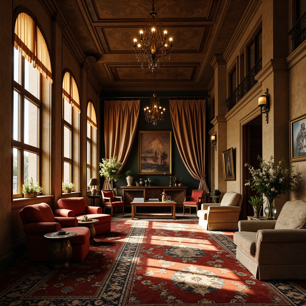 Prompt: Rich velvet fabrics, intricate lace details, plush armchairs, ornate wooden furniture, warm golden lighting, soft candle glow, luxurious drapery, heavy curtains, thick rugs, ornamental vases, antique decorative pieces, lavish chandeliers, distressed leather upholstery, vintage floral patterns, subtle sheen textures, warm beige colors, elegant high ceilings, large windows with heavy drapes, cozy reading nooks, intimate gathering spaces, dramatic archways, rustic wooden accents, mysterious dim lighting, 1/2 composition, shallow depth of field, realistic fabrics rendering.