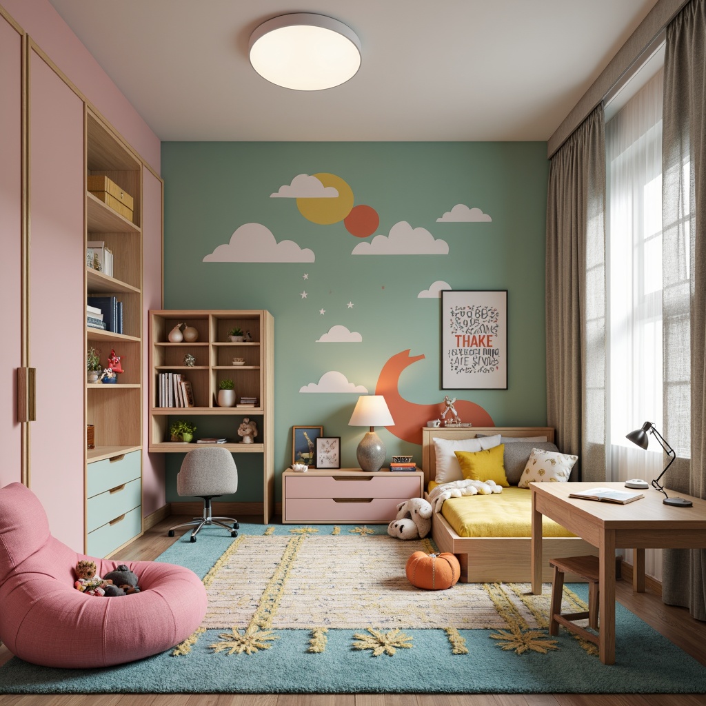 Prompt: Vibrant kids' bedroom, modern furniture design, colorful storage units, soft plush carpets, whimsical wall decals, minimalist cribs, ergonomic study desks, adjustable reading lamps, cozy bean bags, geometric-shaped bookshelves, playful rug patterns, natural wood accents, calming pastel colors, warm task lighting, shallow depth of field, 1/2 composition, intimate atmosphere, realistic textures.