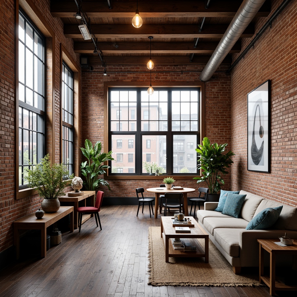 Prompt: Industrial-chic loft interior, exposed brick walls, high ceilings, wooden beams, metal columns, large windows, natural light, urban views, minimalist decor, reclaimed wood floors, vintage furniture, Edison bulb lighting, industrial-style lighting fixtures, cozy reading nooks, comfortable sofas, modern art pieces, abstract sculptures, greenery installations, lush plants, soft warm lighting, shallow depth of field, 3/4 composition, realistic textures, ambient occlusion.