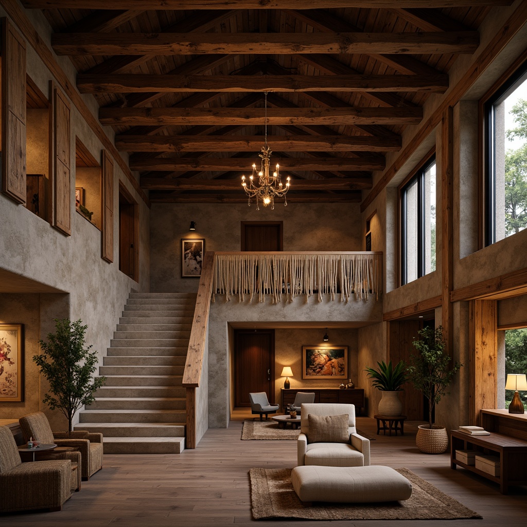 Prompt: Rustic cultural center, exposed wooden beams, earthy tones, natural textures, reclaimed wood accents, stone walls, vintage decorative elements, dim warm lighting, cozy atmosphere, wooden furniture, woven textiles, traditional cultural artifacts, high ceilings, open spaces, grand staircase, minimalist decor, subtle color palette, soft shadows, cinematic lighting, 1/1 composition, atmospheric perspective.