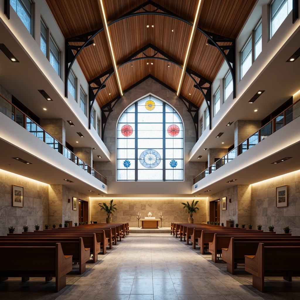 Prompt: Modern church interior, vaulted ceilings, stained glass windows, sleek metal beams, polished marble floors, minimalist pews, contemporary altar design, ambient warm lighting, LED strip lights, suspended light fixtures, crystal chandeliers, geometric lanterns, natural stone walls, wooden accents, soft pastel colors, subtle texture details, 1/1 composition, dramatic high-contrast lighting, realistic reflections, atmospheric fog effects.