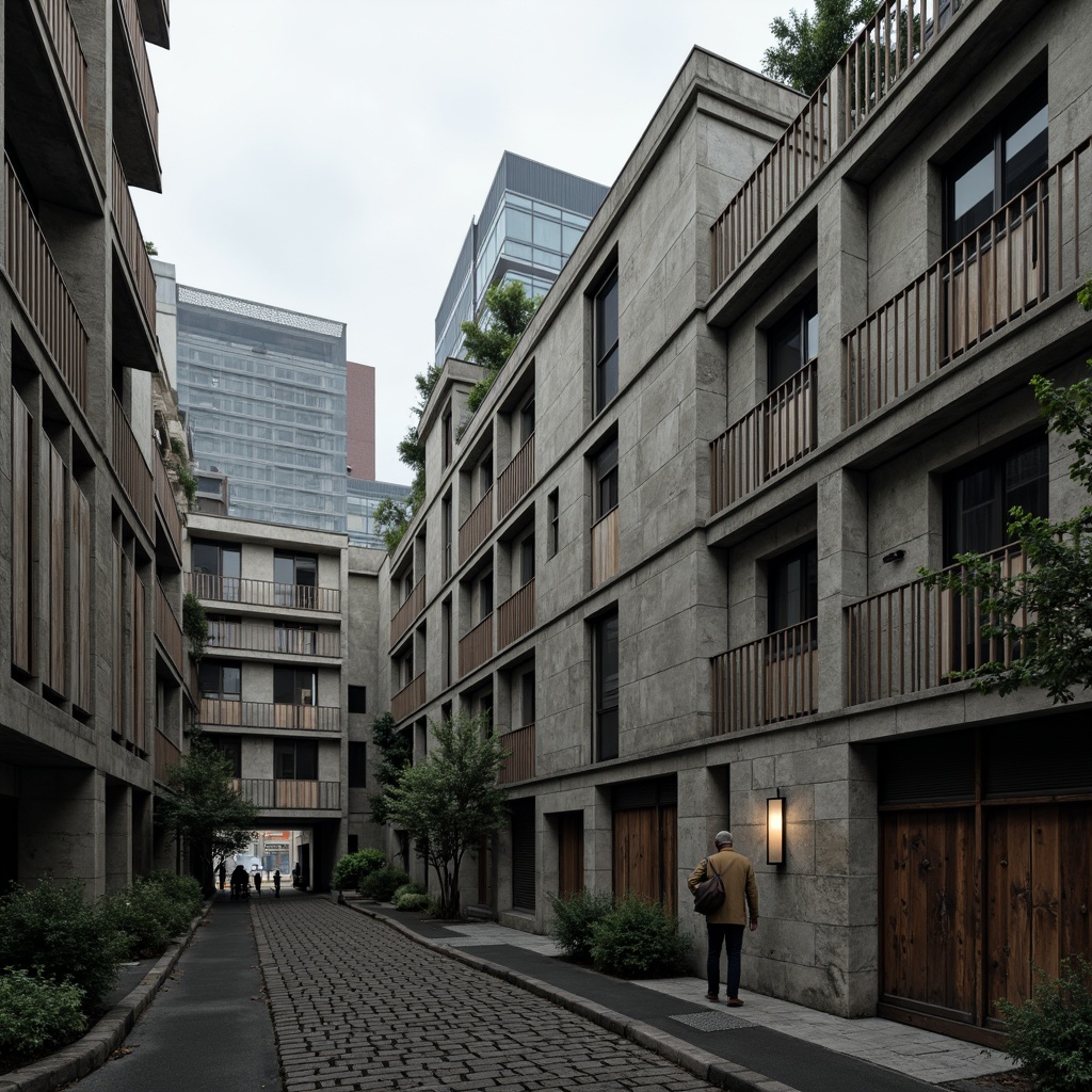 Prompt: Rough-hewn concrete walls, rugged stone facades, distressed wooden accents, industrial metal cladding, brutalist architectural style, raw unfinished surfaces, monumental scale, fortress-like structures, dramatic shadows, high-contrast lighting, bold geometric forms, urban cityscape, overcast sky, moody atmospheric conditions, cinematic composition, low-angle shot, gritty realistic textures.