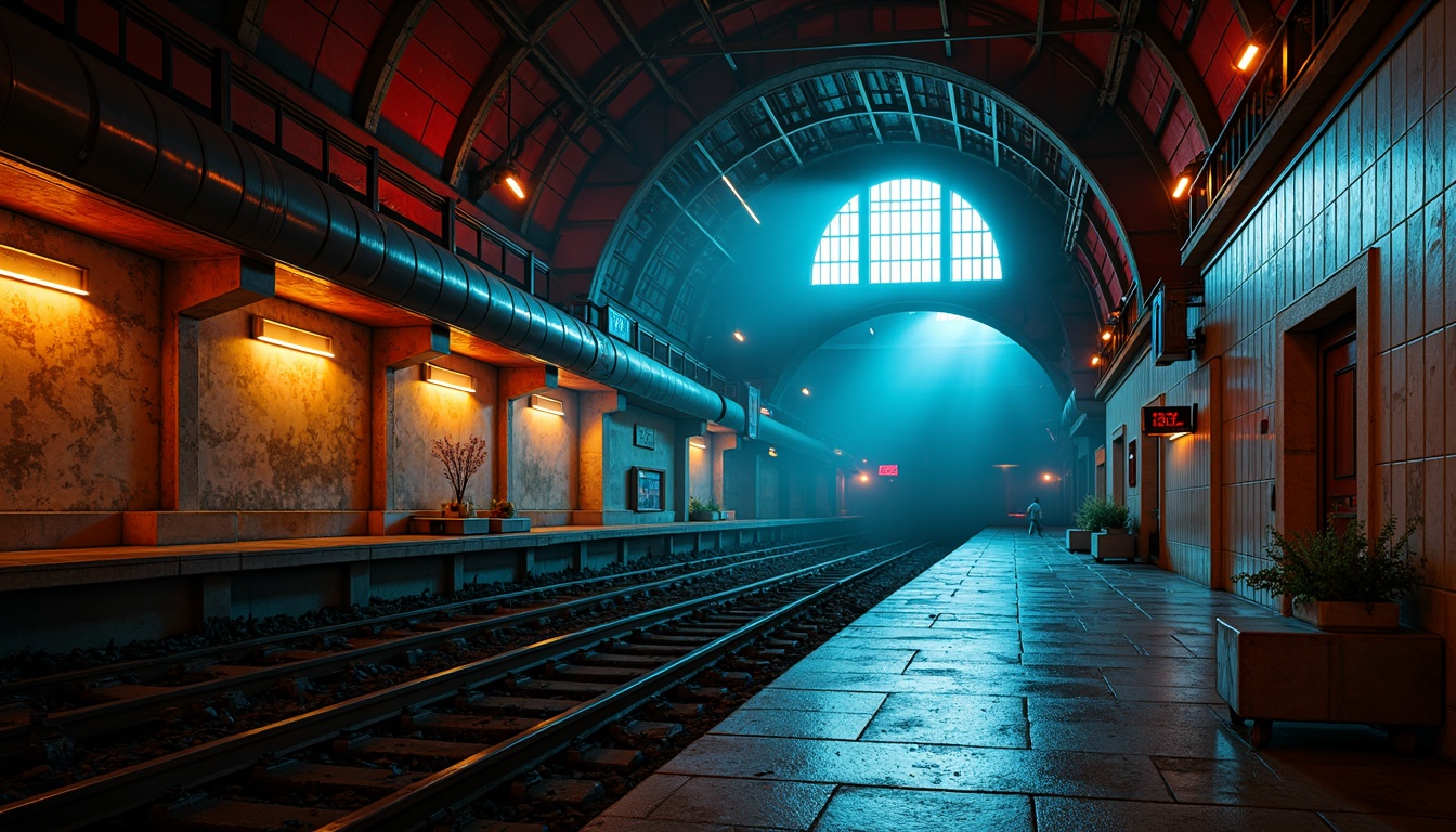 Prompt: Vibrant metro station, bold Art Deco architecture, geometric shapes, metallic accents, neon lights, moody dark tones, rich blues, deep reds, warm yellows, industrial textures, distressed concrete walls, steel beams, retro-futuristic elements, atmospheric misting, dramatic spotlights, high-contrast shadows, 1/2 composition, cinematic framing, stylized reflections, gritty urban feel.