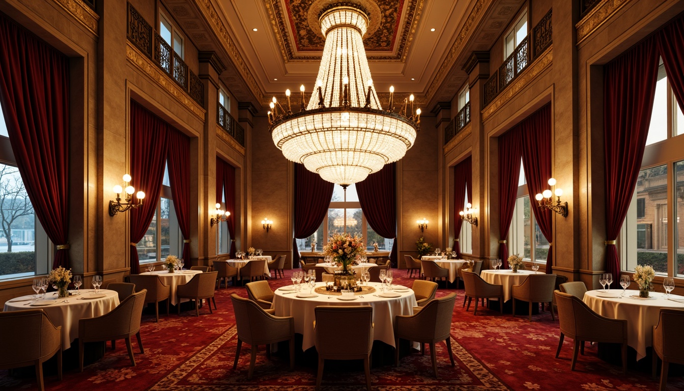 Prompt: Opulent baroque restaurant, grand chandelier centerpiece, intricate crystal droplets, ornate gold leafing, lavish velvet drapes, richly polished wooden floors, majestic stone columns, regal red carpeting, dramatic high ceilings, soft warm candlelight, shallow depth of field, 1/2 composition, realistic reflections, ambient occlusion.