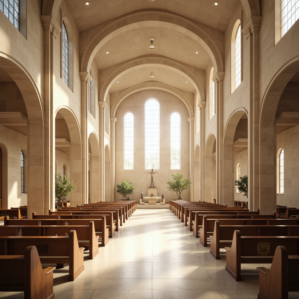 Prompt: Ethereal chapel interior, soft diffused light, translucent stone walls, delicate stained glass windows, vaulted ceilings, ornate wooden pews, subtle candlelight, serene atmosphere, minimalist decor, creamy white marble floors, elegant archways, symmetrical composition, warm beige tones, gentle shadows, realistic textures, ambient occlusion.