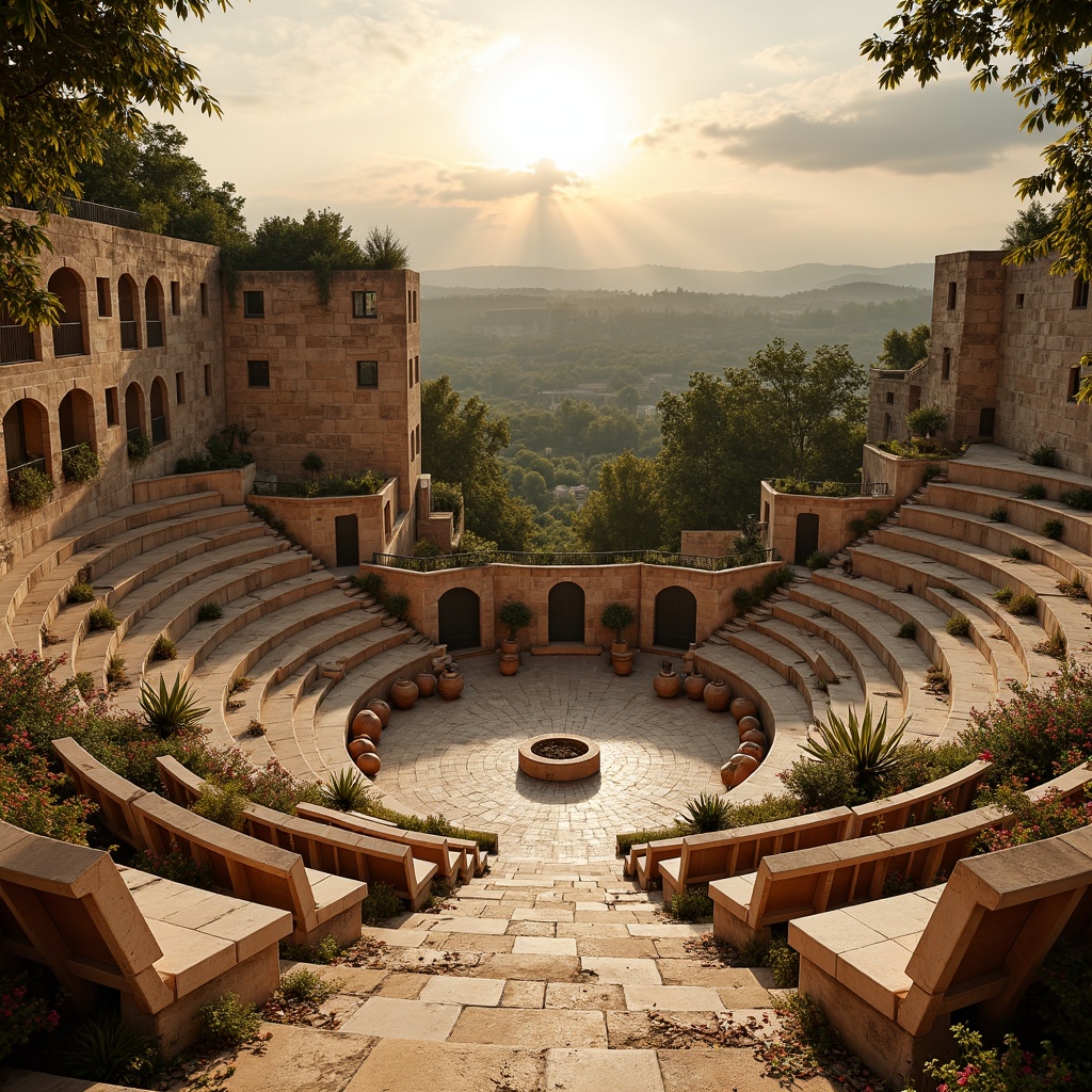 Prompt: Ancient stone amphitheater, warm beige seats, rustic archways, soft golden lighting, gradient sunset sky, lush greenery surroundings, weathered rock formations, natural earthy tones, terracotta pottery accents, ornate metal railings, worn wooden benches, dramatic shadows, warm atmospheric haze, shallow depth of field, symmetrical composition, realistic textures, ambient occlusion.