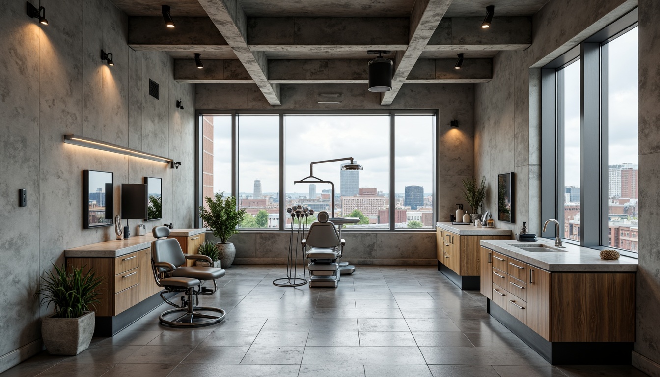 Prompt: Exposed concrete walls, rough-hewn stone floors, industrial metal beams, minimalist decorative elements, cold-toned color palette, brutalist architectural style, functional dental equipment, stainless steel surfaces, polished chrome accents, clinical lighting, modern dental chairs, sleek cabinetry, raw concrete countertops, distressed wood accents, urban cityscape views, overcast cloudy day, high-contrast dramatic lighting, 2/3 composition, realistic reflections, ambient occlusion.